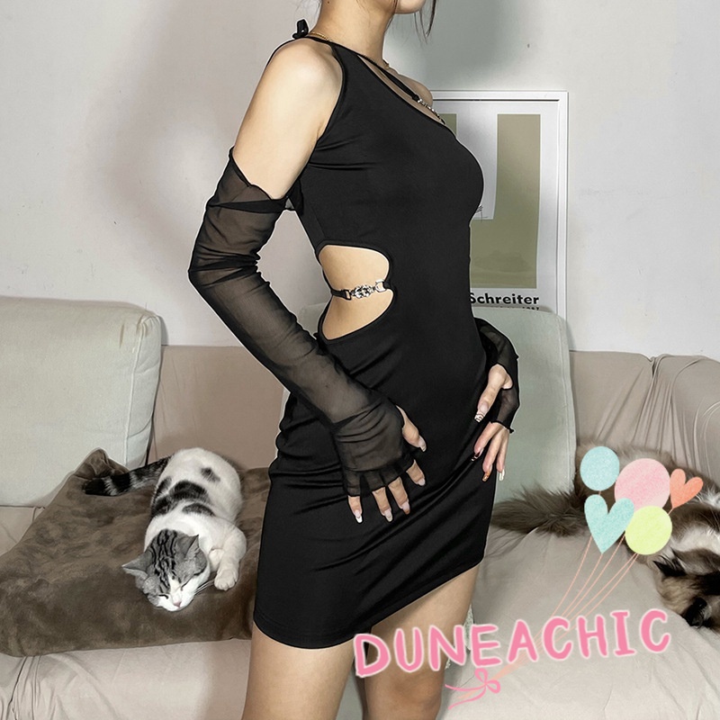 DUNEA Đầm Trễ Vai Phối Lưới Hở Lưng Quyến Rũ Thời Trang Dành Cho Nữ