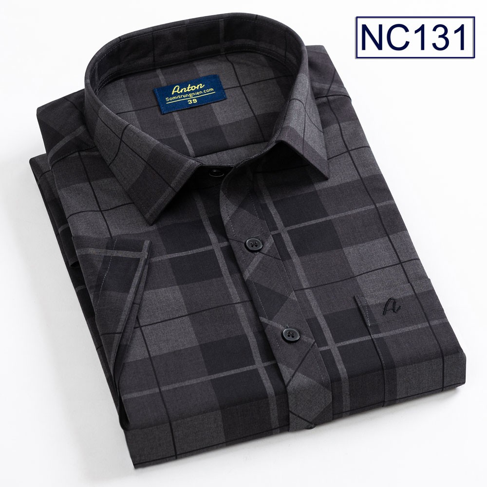 [HÀNG VIỆT NAM] Áo Sơ Mi Nam Công Sở Trung Niên Ngắn Tay Caro Màu Đen Thương Hiệu Anton Sợi Tre Thoáng Mát NC131