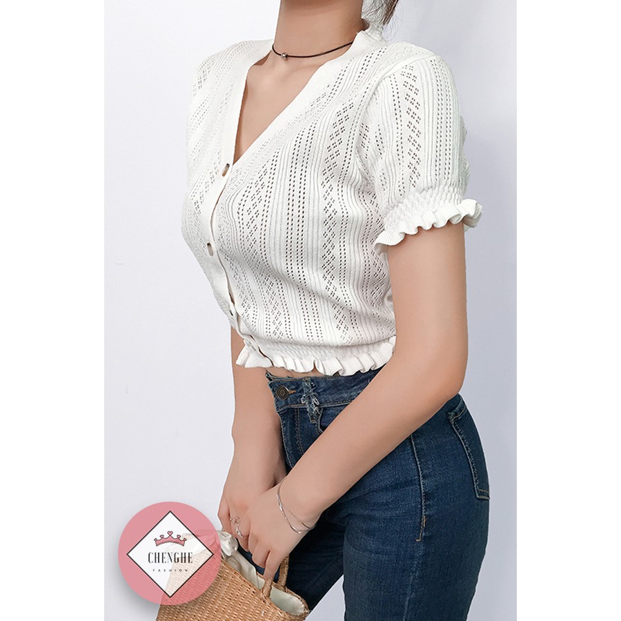 [ SẴN ] Áo Croptop dáng lửng hở eo cộc tay Cổ V Ôm Dáng Jennie/ Black Pink Siêu Xinh A00013 | BigBuy360 - bigbuy360.vn