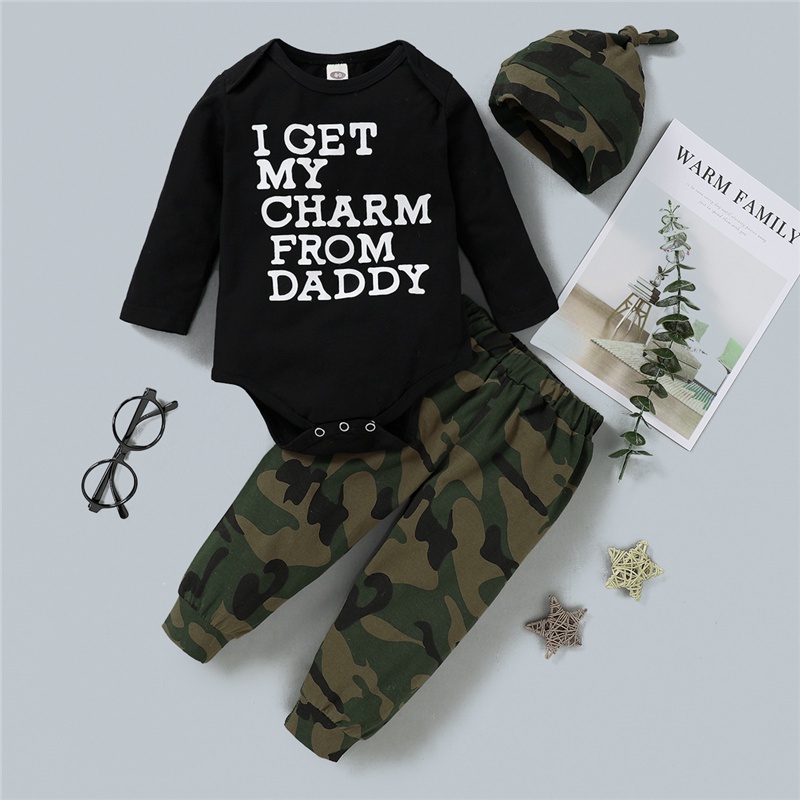 Set trang phục 3 món Mikrdoo gồm áo liền quần tay dài in chữ + quần họa tiết rằn ri + mũ thời trang mùa thu cho bé trai