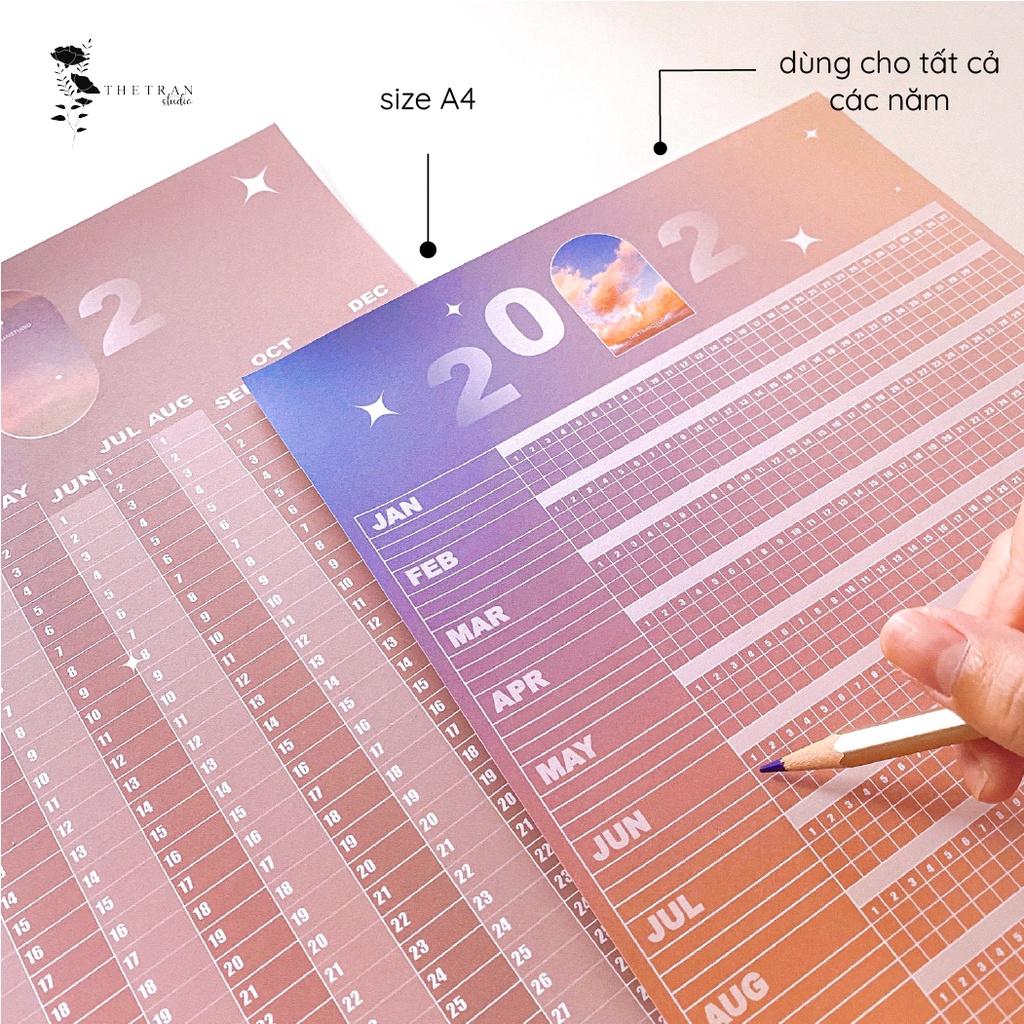 Bộ 5 tờ lịch ghi chú kế hoạch A4 dùng cho tất cả các năm chủ đề bầu trời / sky wall calendar / thetranstudio