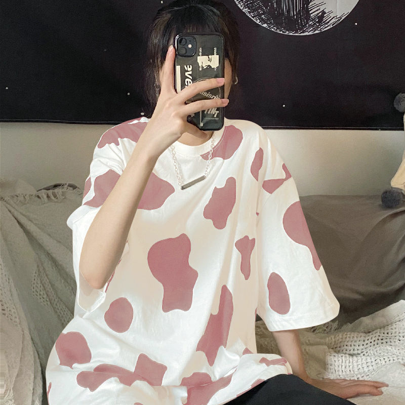 COZOK Áo Thun phông form rộng Tay Ngắn Dáng Rộng Họa Tiết Bò Sữa Thời Trang Mùa Hè 2020 Cho Nữ