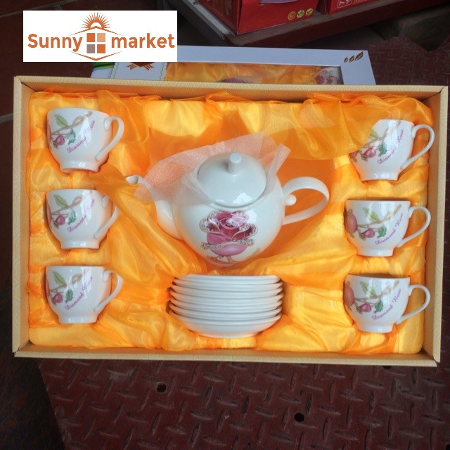 Bộ bình trà gốm sứ cao cấp kèm 6 ly bộ tách trà dùng làm quà tặng bộ ấm chén sang trọng