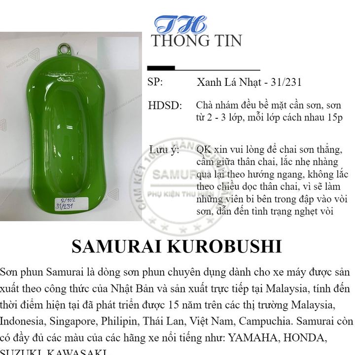 Sơn Xịt Samurai chuyên dùng cho xe máy màu xanh lá nhạt 31/231 chống cháy, chống rạn nứt, vòi xịt chống chảy