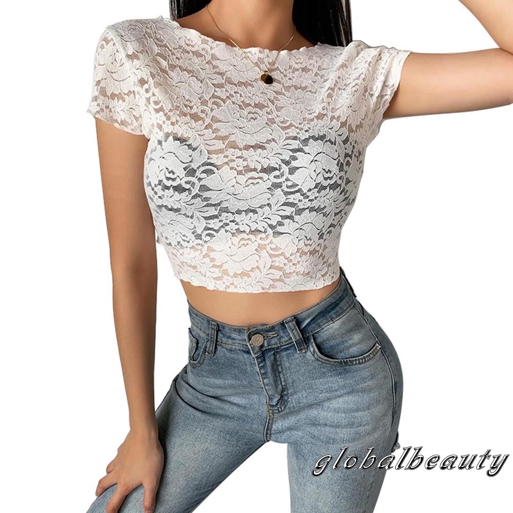 Áo Croptop Tay Ngắn Phối Ren Hoa Thiết Kế Quyến Rũ Cho Nữ