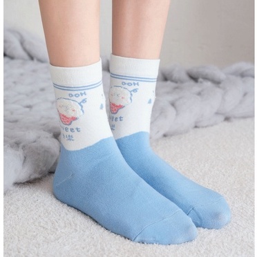 Tất Nữ Cao Cổ Màu Xanh Trắng Dễ Thương, Chất Liệu Vải Hàn Co Giãn Thoáng Khí