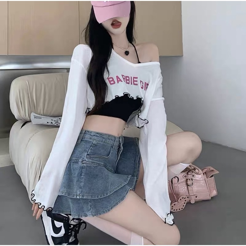 set áo len croptop kèm áo yếm sexy barbie girl (2076#)