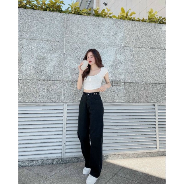 Lenkapas - Quần jeans cạp nút lưng cao sành điệu