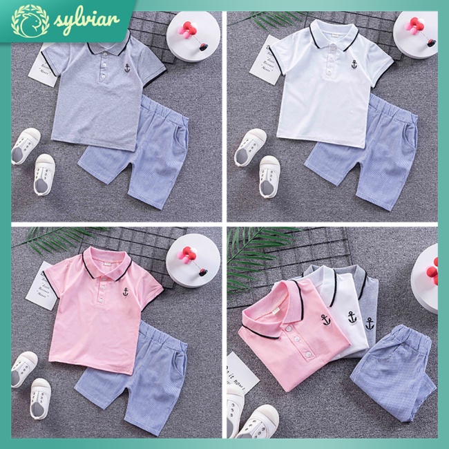 Set Đồ 2 Món Gồm Áo Thun Polo Tay Ngắn Cổ Bẻ Thêu Hình Mỏ Neo + Quần Short Cho Bé Trai