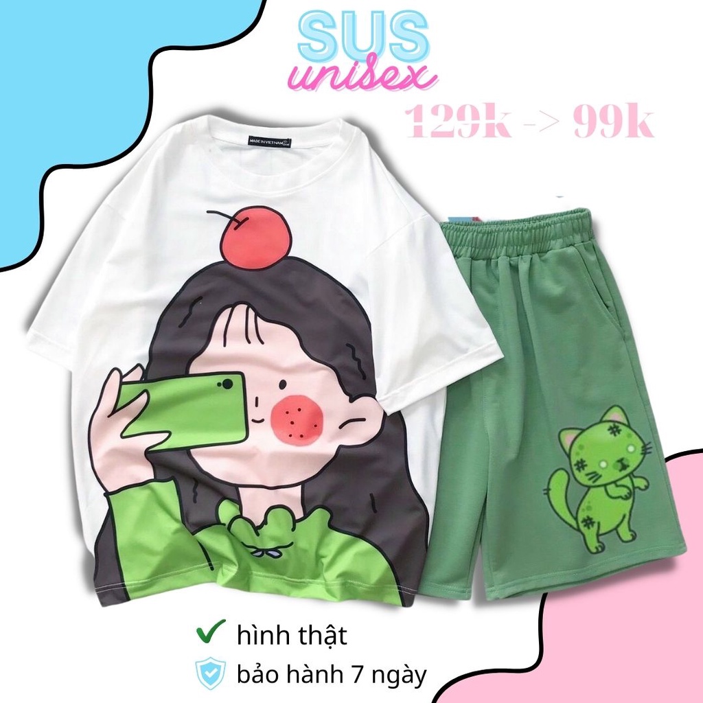 Đồ Bộ Hoạt Hình Unisex Cô gái mèo Set Cartoon Freesize cotton tici unisex áo thun rộng quần đùi có túi