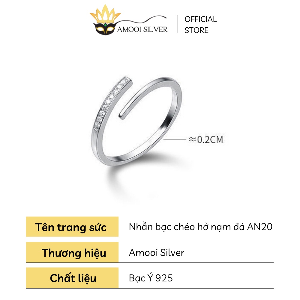 Nhẫn Bạc S925 Mẫu Freesize Dáng Chéo Hở Nạm Đá Sang Trọng - Amooi Silver AN20