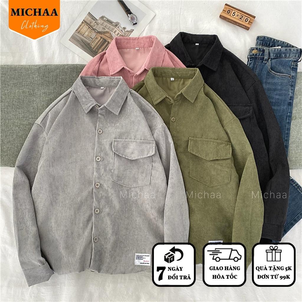 Áo Khoác Sơ Mi Nhung Tăm GẮN LOGO Nam Nữ Kiểu Basic Dài Tay, Áo Oversize Nhiều Màu MICHAA