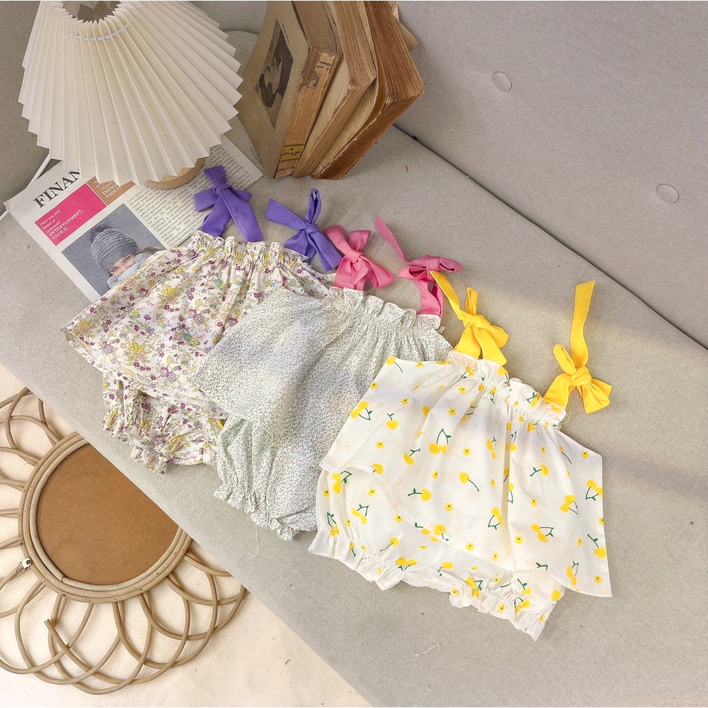 Đồ bộ 2 dây cột nơ tặng nón cho bé gái sơ sinh 1 2 3 tuổi MINTSCLOSET Mint's Closet - GA2057