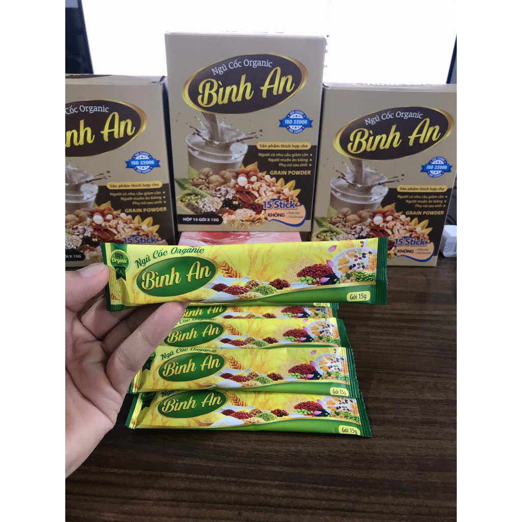 Bột Ngũ cốc Organic Bình An mẫu mới - Giúp giảm cân, lợi sữa thơm ngon, bổ dưỡng (Hộp 15 gói x 15g)