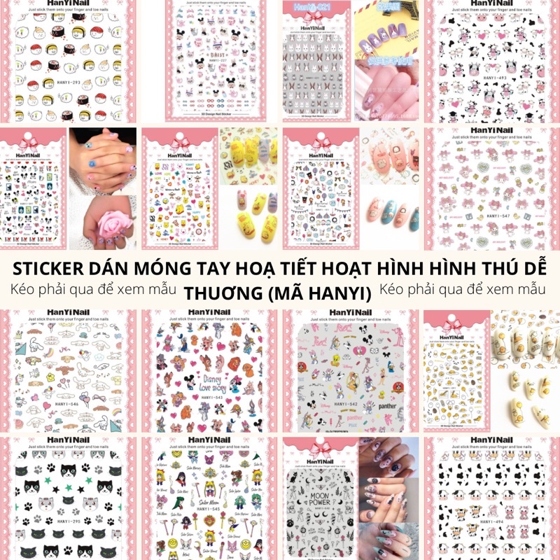 [MÃ HANYI] Sticker, hình dán móng tay hoạ tiết hoạt hình hình thú dễ thương trang trí móng tay nghệ thuật nail