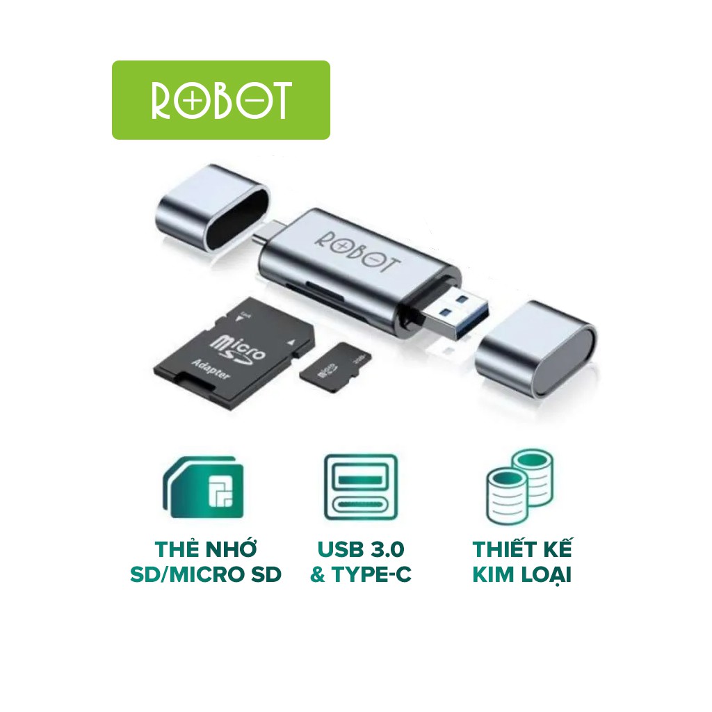 Thiết Bị Đọc Thẻ Nhớ SD/ MicroSD ROBOT CR202 Hai Đầu Type-C Và USB 3.0 Tốc Độ Truyền Cao - Vỏ Kim Loại Nhôm Cao Cấp