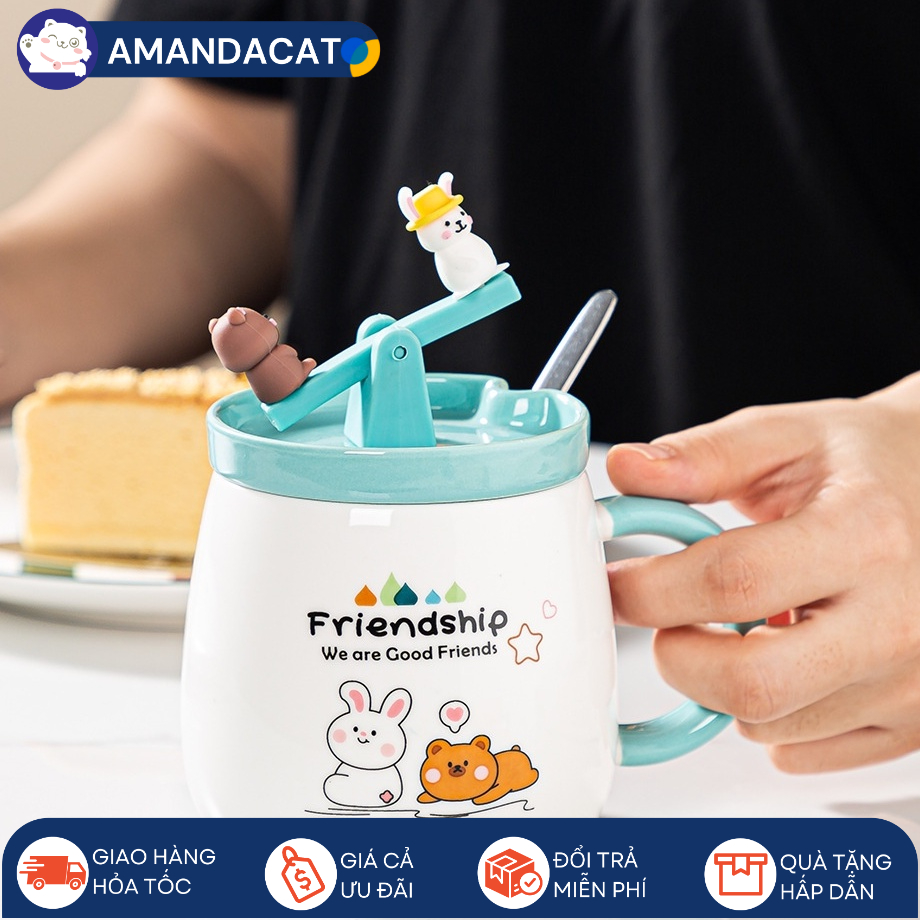 [Hàng sẵn] Ly Cốc Sứ Kèm Nắp Gấu Nâu Và Bập Bênh 400ml, Ly Cốc Sứ Dễ Thương Làm Qùa Tặng