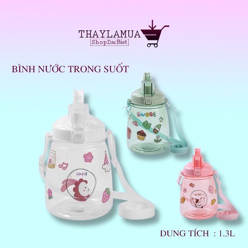 Bình nước trong suốt 1.3L tặng kèm ống hút và stiker BNT13