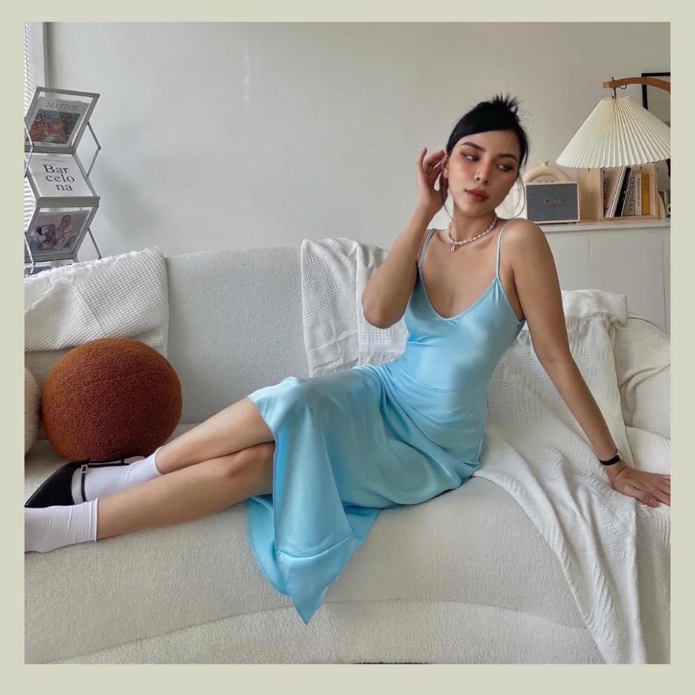 Đầm lụa hai dây dáng dài form váy đuôi cá chất liệu satin phong cách quyến rũ ôm body tuyệt đẹp