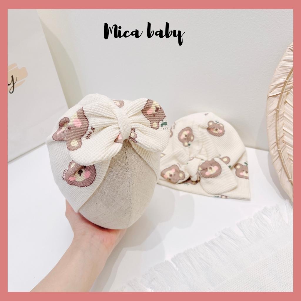 Mũ turban màu be họa tiết gấu má hồng dễ thương cho bé Mica Baby MTB148