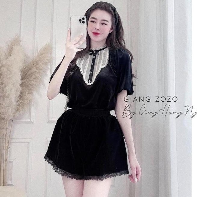 áo cộc tay nữ, áo nhung ngắn tay tiểu thư ren ngực điệu đà