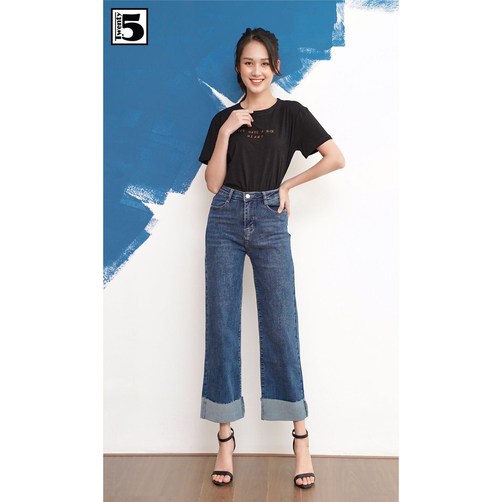 Quần jeans nữ dáng suông lưng cao gập gấu lật cá tính Twentyfive 3388M