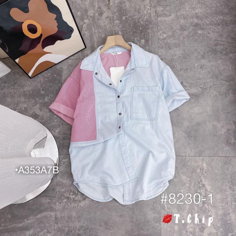 ÁO SƠ MI NỮ TAY NGẮN SƠ MI JEANS PHỐI MÀU CÓ TÚI NGỰC TAY ÁO LẬT MÃ 8230