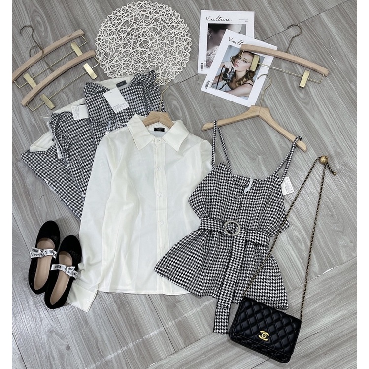 Set 2 món yếm 2 dây kẻ caro thắt eo mix áo sơ mi lụa