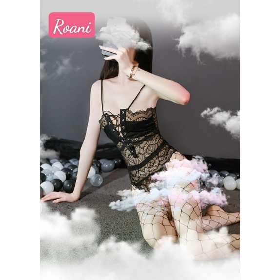 (kèm video thật) Bộ bodysuit ren cột dây sexy kèm vớ lưới to