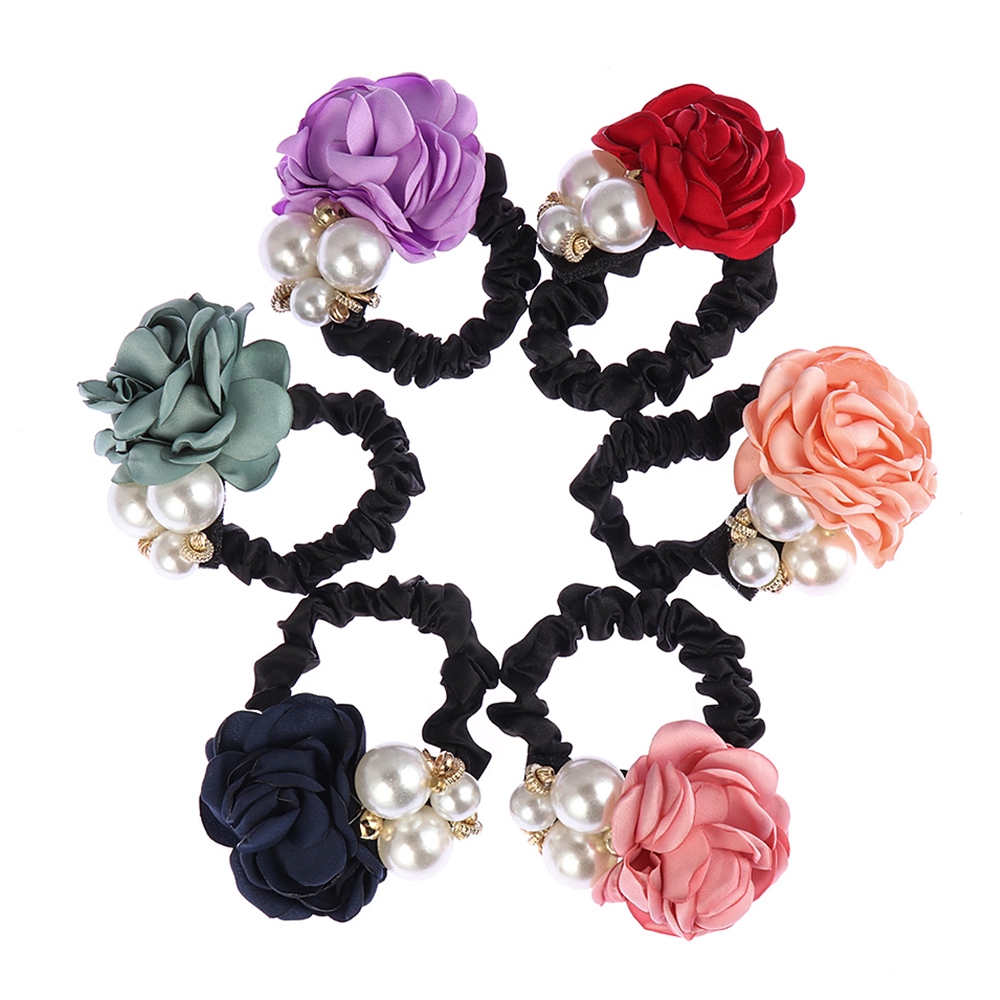 Dây cột tóc hoa hồng đính ngọc trai giả thời trang xinh xắn cho nữ