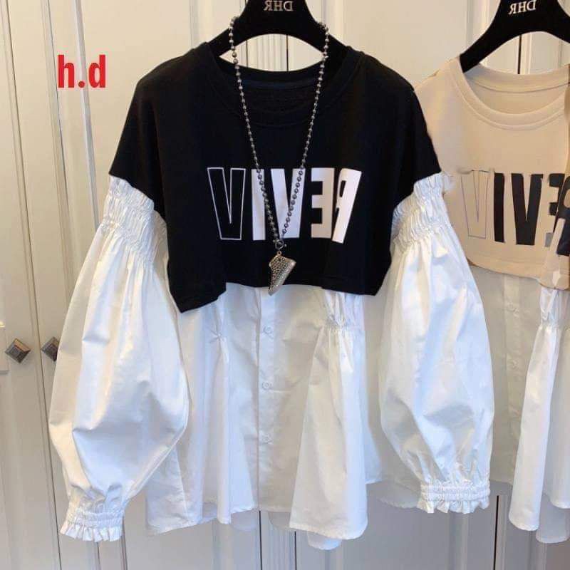 ảnh thật : áo babydoll cột nơ eo phối màu điệu đà - áo thun dài tay phối sơ mi buộc nơ điệu đà ,freesize giá rẻ hót | BigBuy360 - bigbuy360.vn