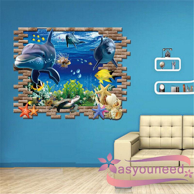 Decal dán tường hình cá heo 3D sáng tạo dễ tháo gỡ chất liệu PVC kích thước 50x70cm