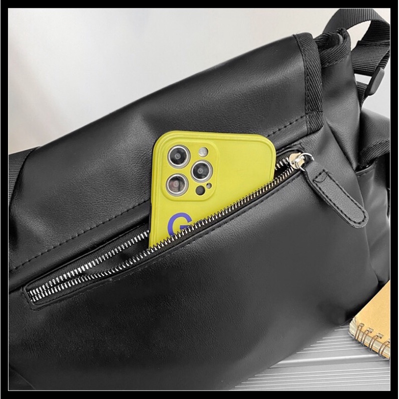 TÚI ĐEO CHÉO NAM NỮ DA TRƠN ĐEN BÓNG NHẸ CAO CẤP