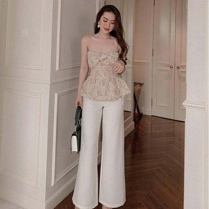 Áo nữ kiểu peplum 2 dây nơ to xoắn ngực màu be trắng đen