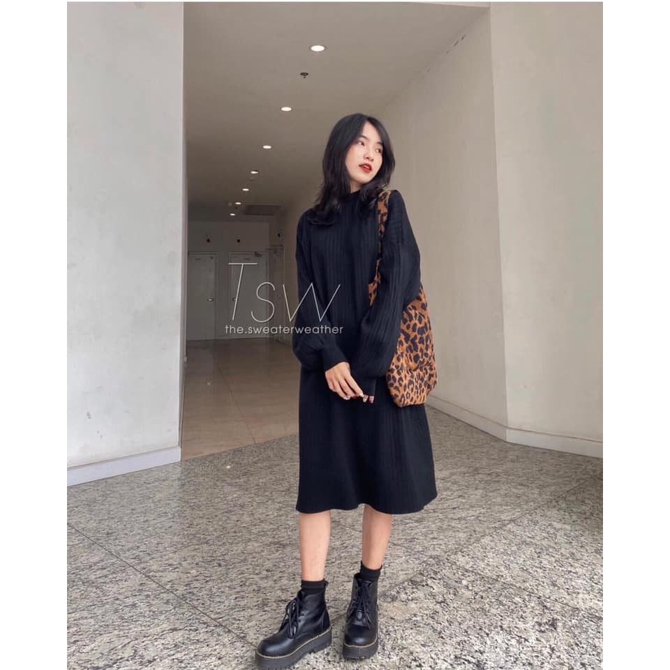 Váy Nỉ Dáng Suông Bo Tay 🌺 Váy len nữ dáng suông 2 màu basic ĐEN | TRẮNG style Ulzzang SIÊU HOT 🌺