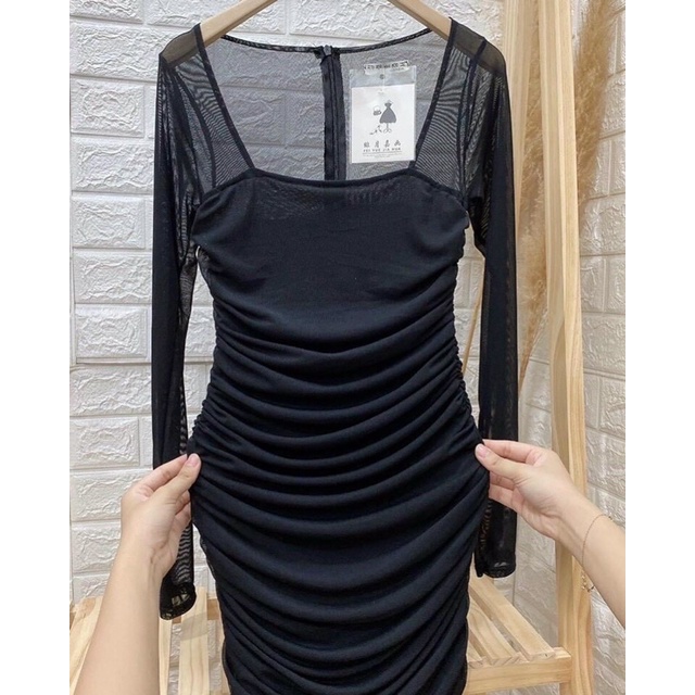 Đầm body cổ U lưới thun quảng châu