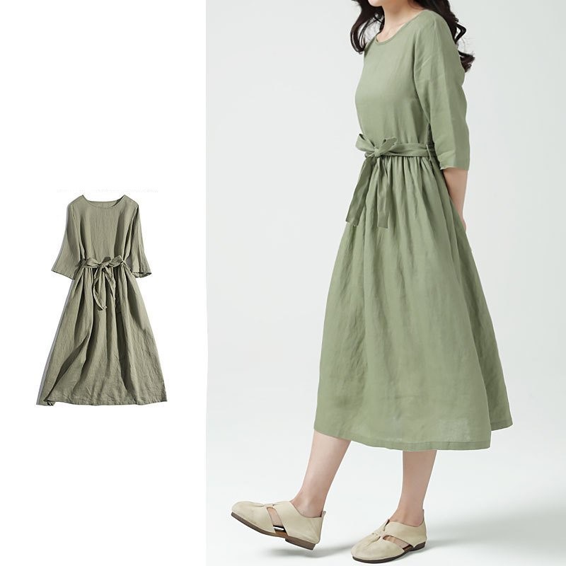 Đầm suông linen tay lỡ cổ tròn kèm đài rời, chất linen mềm mát, thời trang phong cách Hàn Quốc