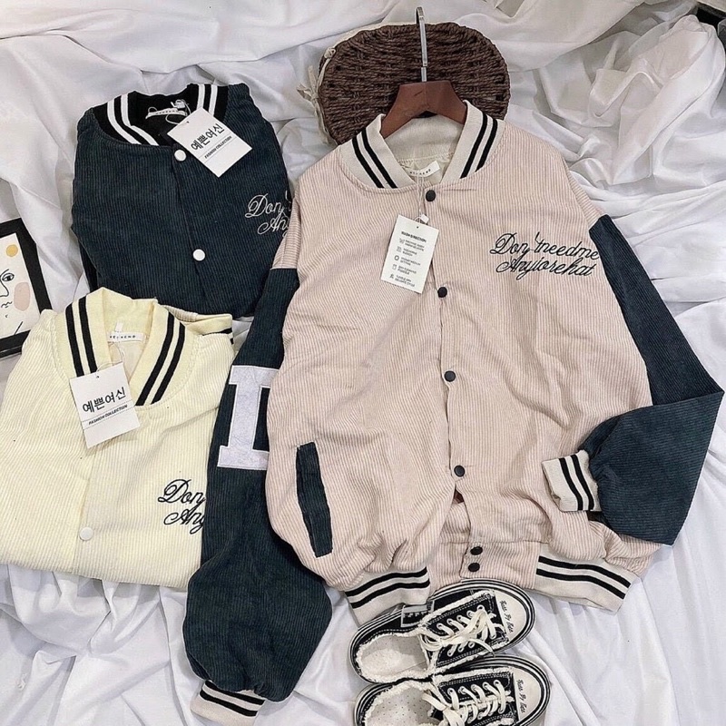 Áo khoác bomber bóng chày kaki nhung gân 2 lớp thêu unisex ulzzang nam nữ