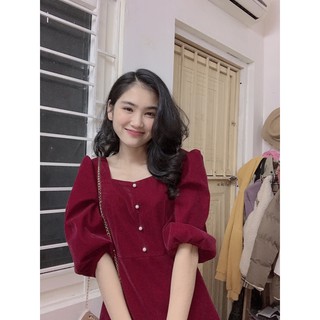 váy nhung đỏ mận xoè