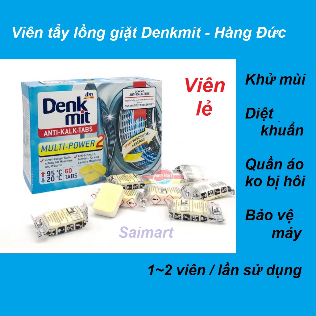Viên tẩy lồng giặt Denkmit - Hàng Đức - Làm sạch lồng giặt - Khử mùi hôi - giúp quần áo thơm tho - Giá 1 viên