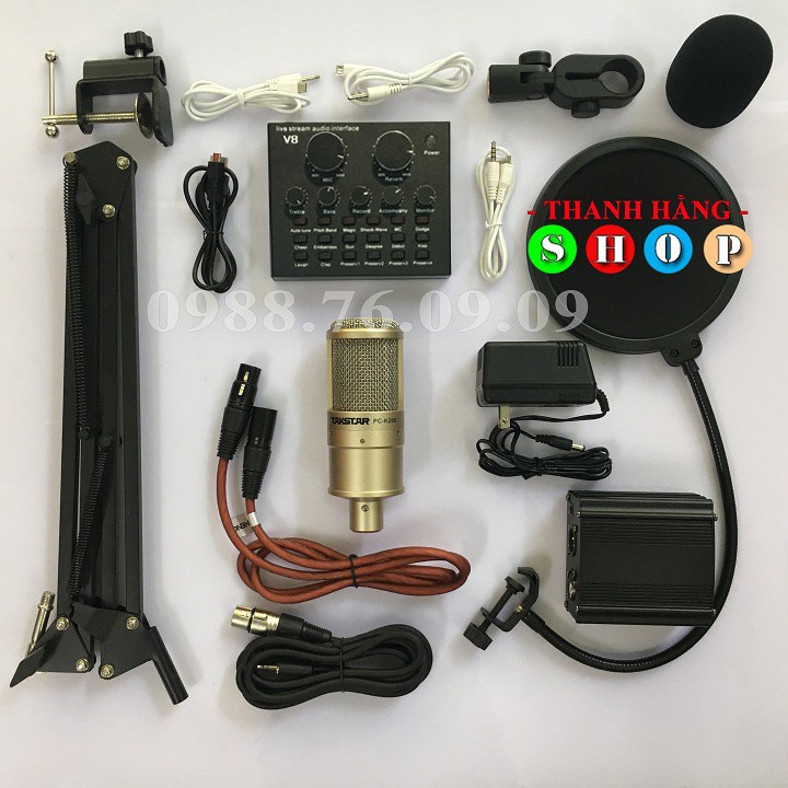 Trọn bộ Combo Mic thu âm PC-K200 + Soundcard V8 - Míc Live stream