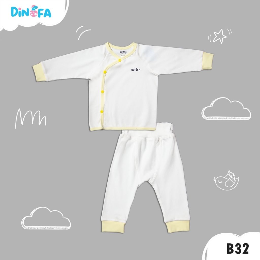 Set quần áo sơ sinh DINOFA từ 0-6 tháng thiết kế cúc chéo, màu trắng viền vàng, chất liệu co giãn, thấm hút tốt_B11 B32