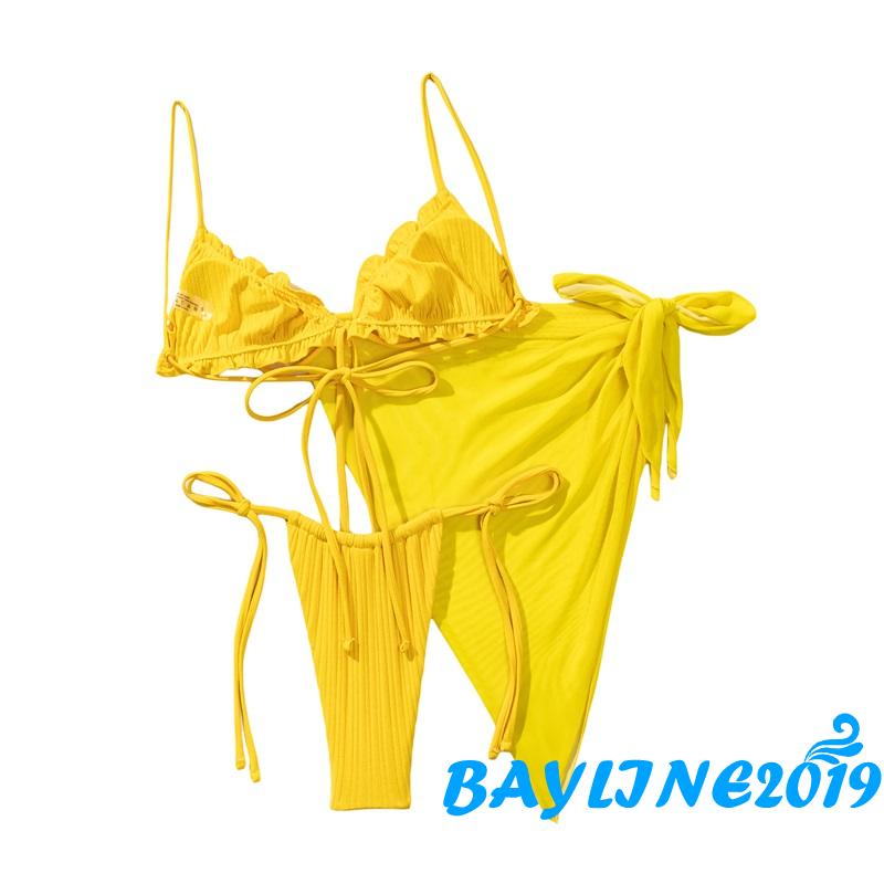Set Bikini Màu Trơn Nhún Bèo + Quần Lót Ren + Áo Lưới Xuyên Thấu Quyến Rũ Cho Nữ