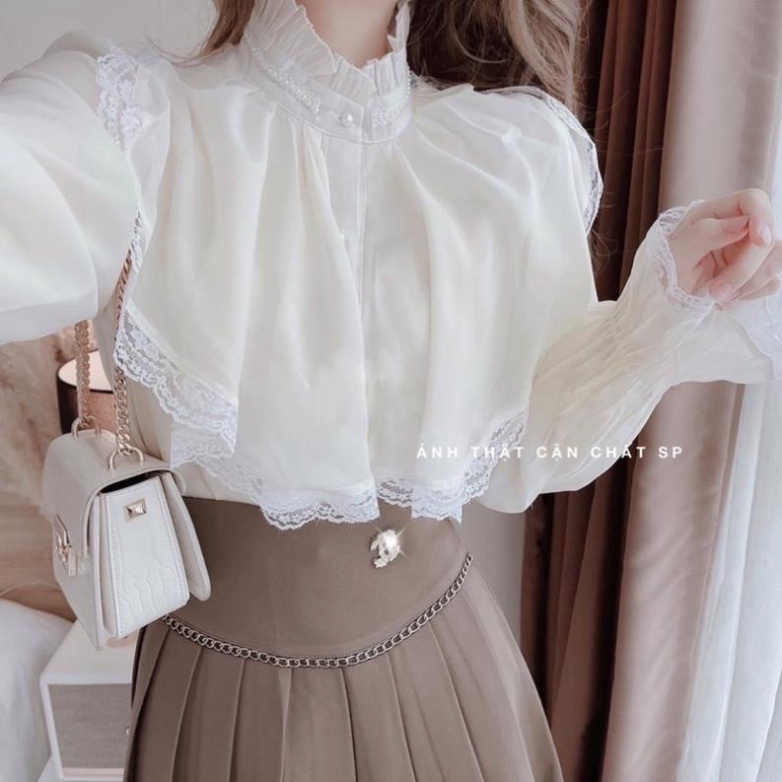 Áo sơ mi tiểu thư 2 lớp diện Tết phối ren, Áo nữ ren tay dài mẫu mới mã 437