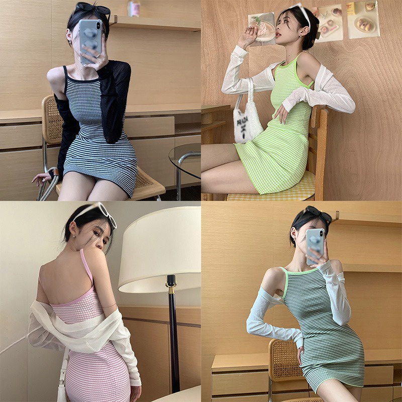 Đầm Hai Dây Dáng Ôm Họa Tiết Kẻ Sọc Phong Cách Hàn Quốc Quyến Rũ Cho Nữ