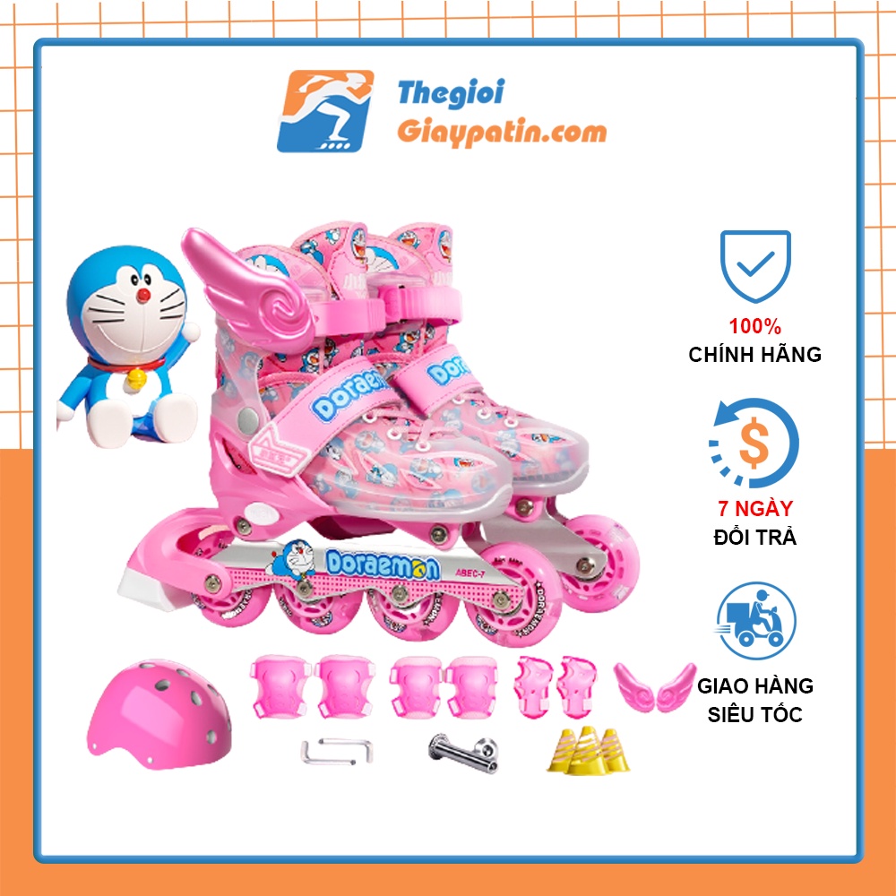 Giày Trượt Trẻ Em hình Doremon dễ thương, Patin roller skates kèm bảo hộ, giày patin bánh cao su phát sáng