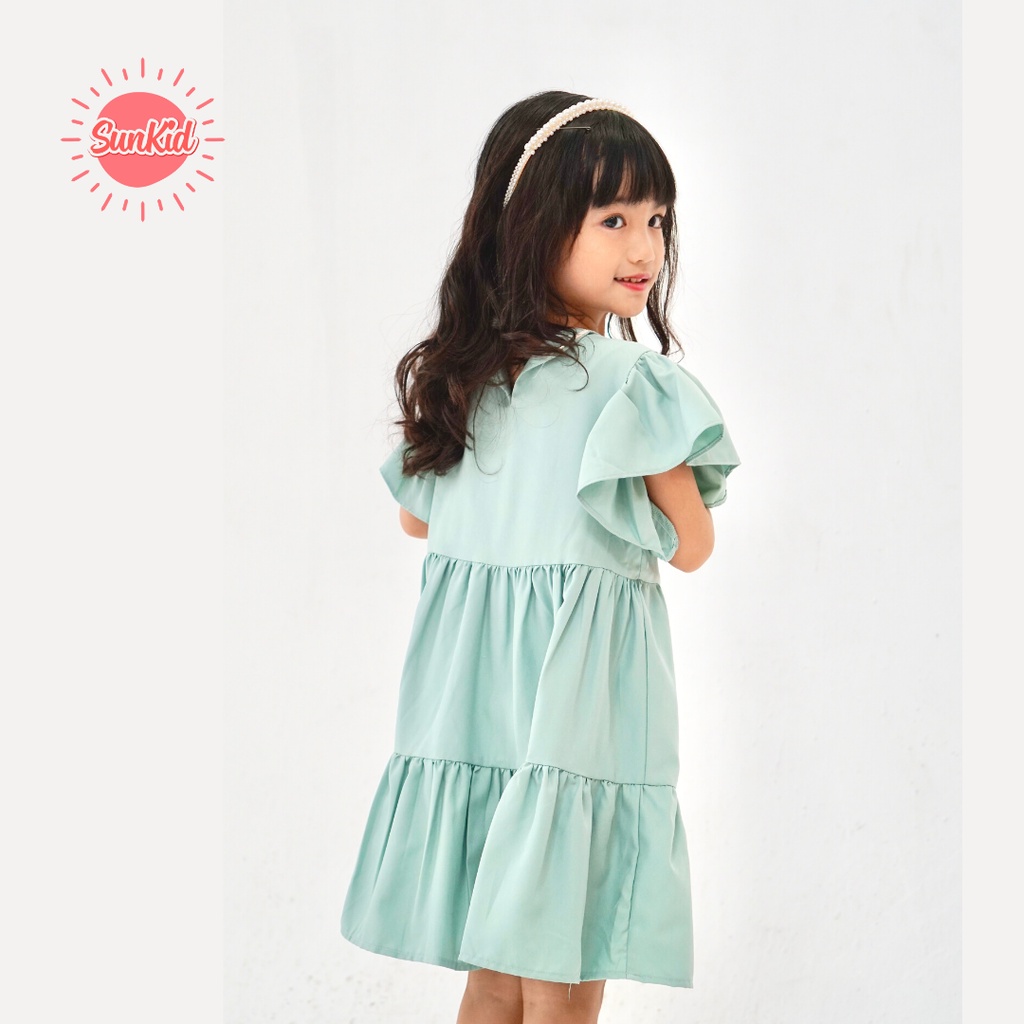 Váy đầm hè bé gái dáng babydoll trơn vải trượt nhật cao cấp Sunkid CT1 màu xanh 4-12 tuổi
