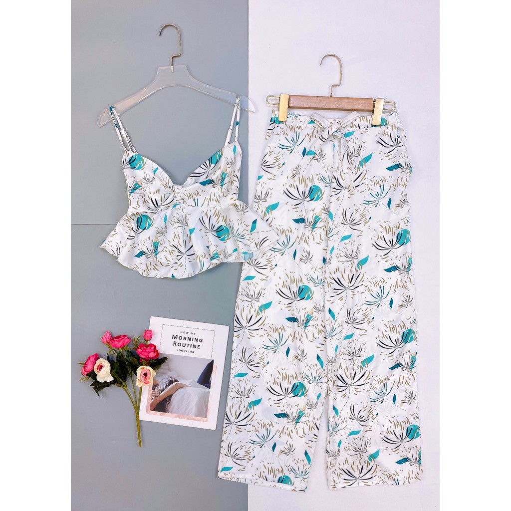 Đồ ngủ Lụa Satin 2 dây quần dài dễ thương Flamingo - Đồ Bộ Mặc Nhà Nữ Lụa Satin Cao Cấp