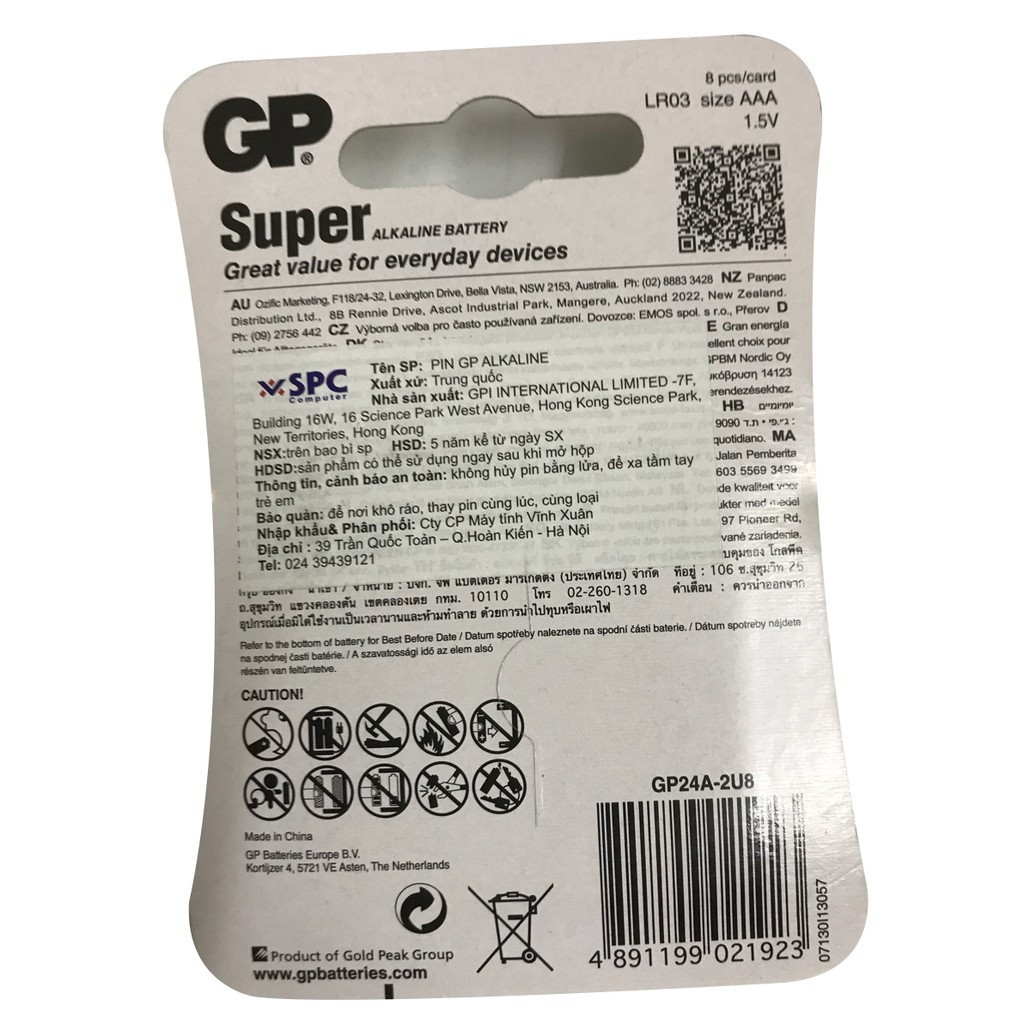 Vỉ 8 viên Pin Super Alkaline GP AAA 1.5V GP24A-2U8