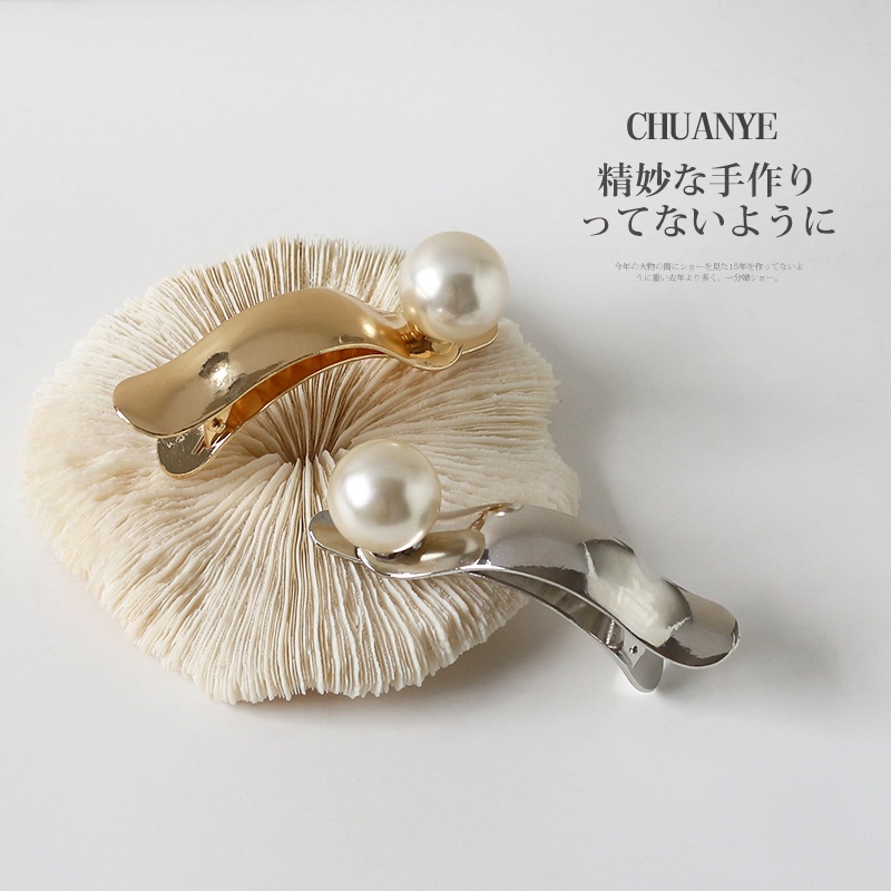 Kẹp Tóc Mỏ Vịt Bằng Kim Loại Cỡ Lớn Đính Ngọc Trai Cao Cấp Kiểu Pháp